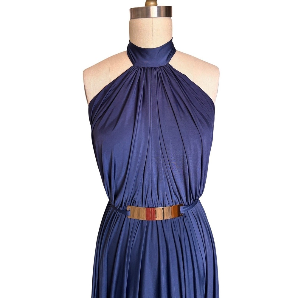 Nicole Bakti Navy Halter Maxi Dress Open Back Gold Belt Formal Gown - Picture 4 of 12